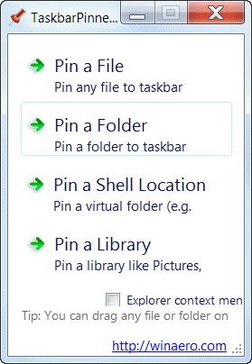 taskbar pinner - Как прикрепить к панели быстрого вызова что угодно в Windows 7?